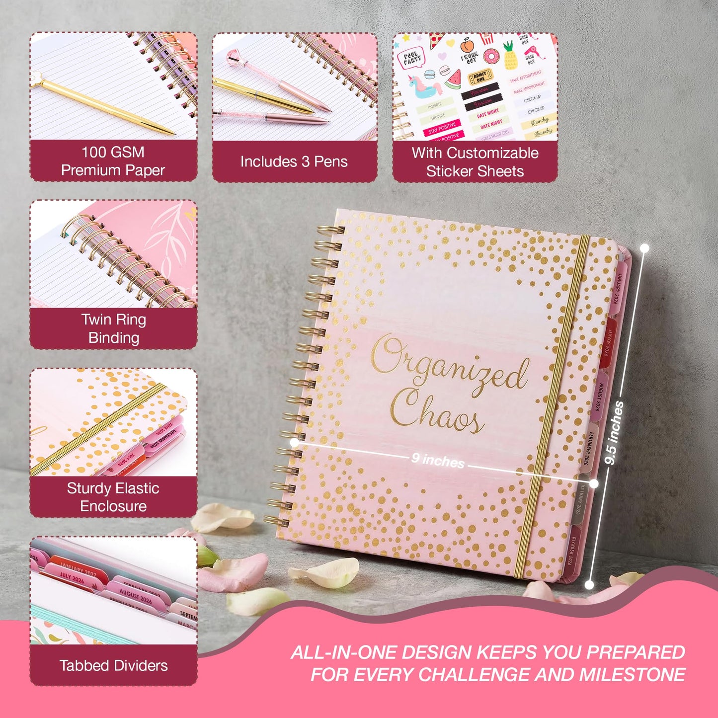 Votum 18 Month Hard Cover Planners/Calendars 10" x 10", January 2026 - June 2027 - Daily, Weekly & Monthly Organizer with Pens, Stickers, Sticky Notes, and a Sturdy Cover - Organized Chaos