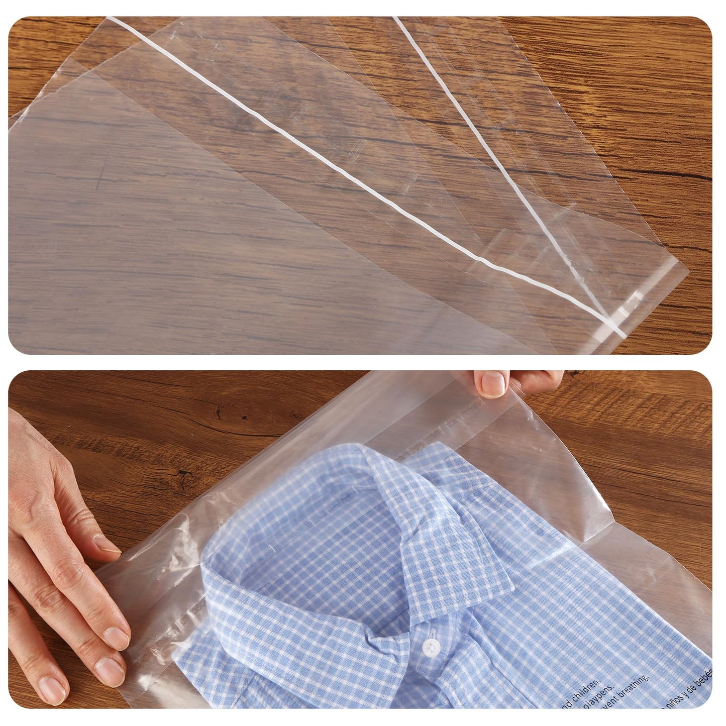 iMailer - 200 Count - 13" x 15" Clear Plastic Poly Bags with Suffocation Warning for Clothing, T-Shirts, Pants-Resealable Adhesive,Not Strong