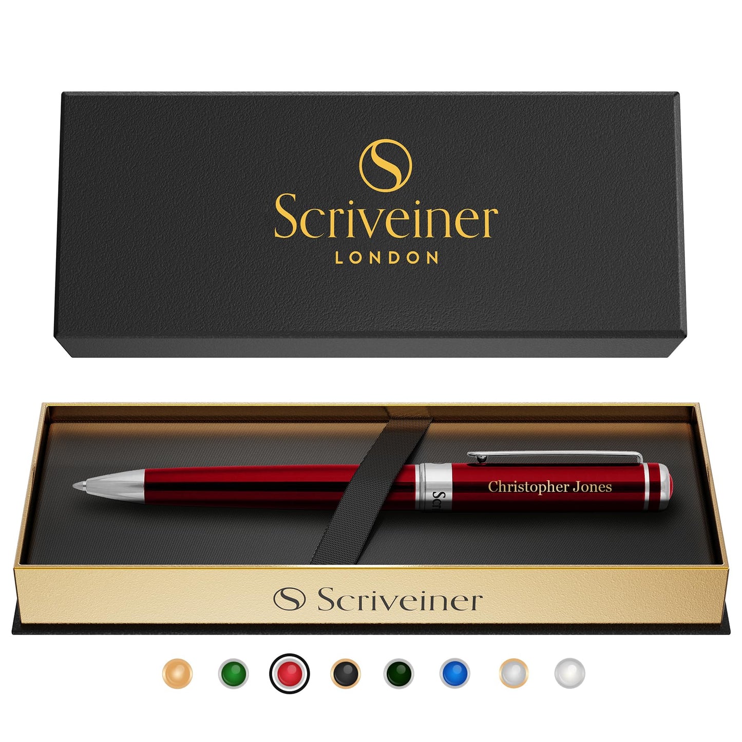 Scriveiner Personalized Deep Crimson Red Ballpoint Pen - Stunning Red Lacquer Luxury Pen with Chrome Finish, Schmidt Ink Refill, Engraved Ball Point Gift Set for Men & Women, Custom Engraving