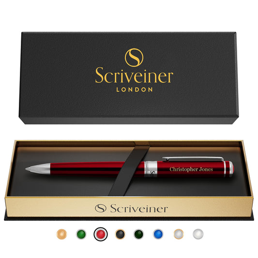 Scriveiner Personalized Deep Crimson Red Ballpoint Pen - Stunning Red Lacquer Luxury Pen with Chrome Finish, Schmidt Ink Refill, Engraved Ball Point Gift Set for Men & Women, Custom Engraving
