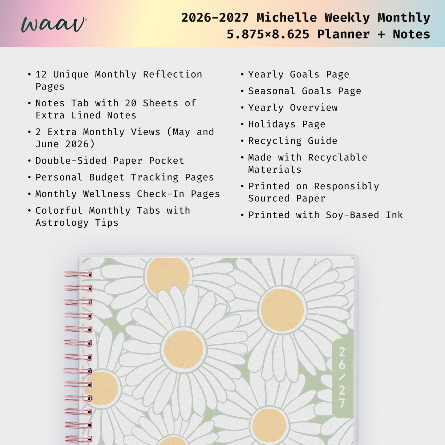 Blue Sky WAAV 2026-2027 Weekly and Monthly Academic Year Planner Calendar, July 2026 - June 2027, 5.875" x 8.625", Flexible Cover, Wirebound, Laminated Tabs, Storage Pocket, Includes 20 Extra Notes Pages, Michelle