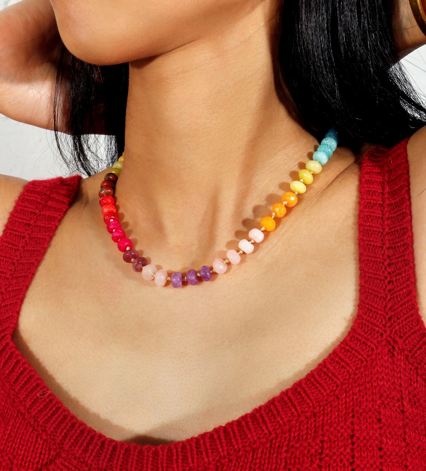 Gemstone Beaded Necklace for Women Colorful Natural Stone Freshwater Pearl Surfer Beach Rainbow Necklace Jewelry Gift (colorful -03)