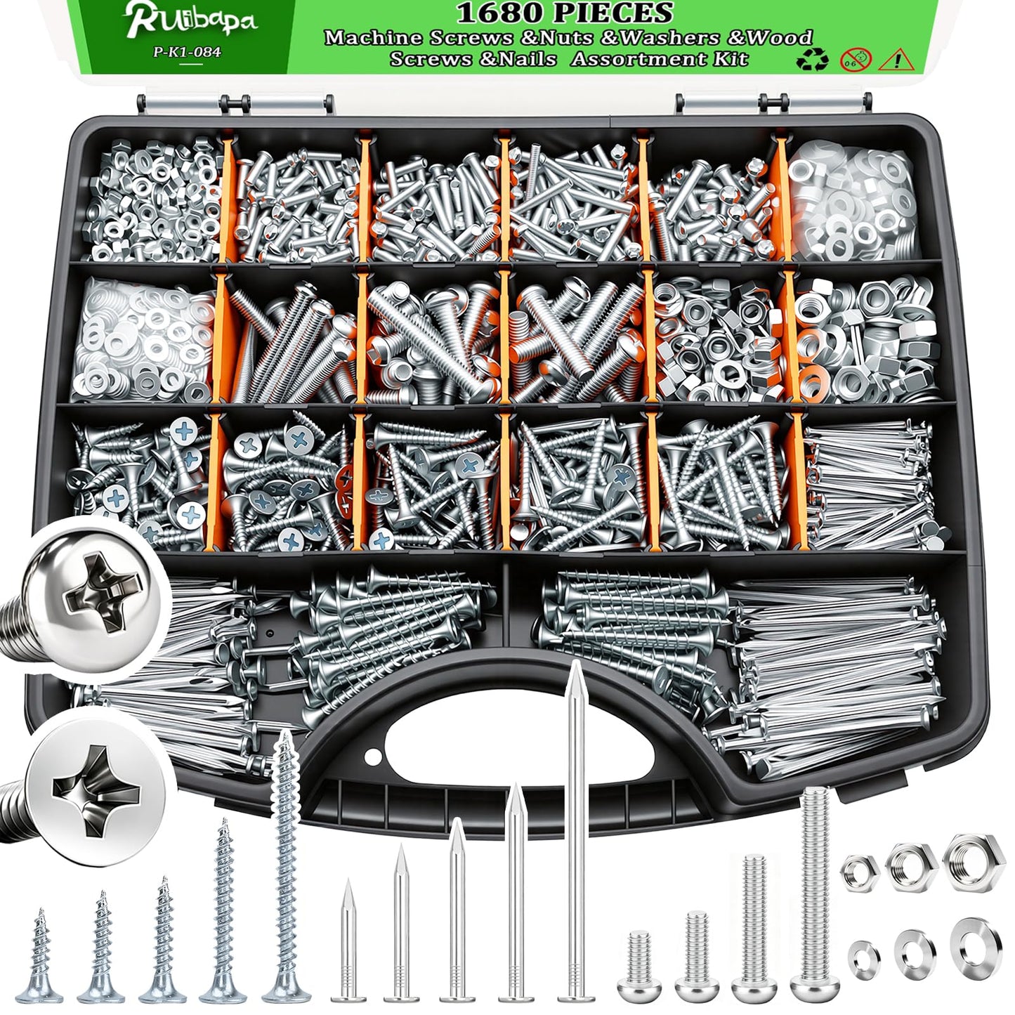 Ruibapa 1680pcs Nails and Screws Assortment Kit,3/4"-2" Hardware Nails,M3/M4/M5/M6 Machine Screws,#6#8 High Hardness Wood Screws,Assorted Screws, Common Nails with Handheld Box