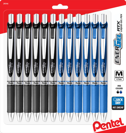 Pentel Energel 0.7 mm Rtx Retractable, 6 Black & 6 Blue Ink Pens Metal Tip, Medium Point Energel Liquid Gel Ink Pens 0.7 mm. Pack of 12