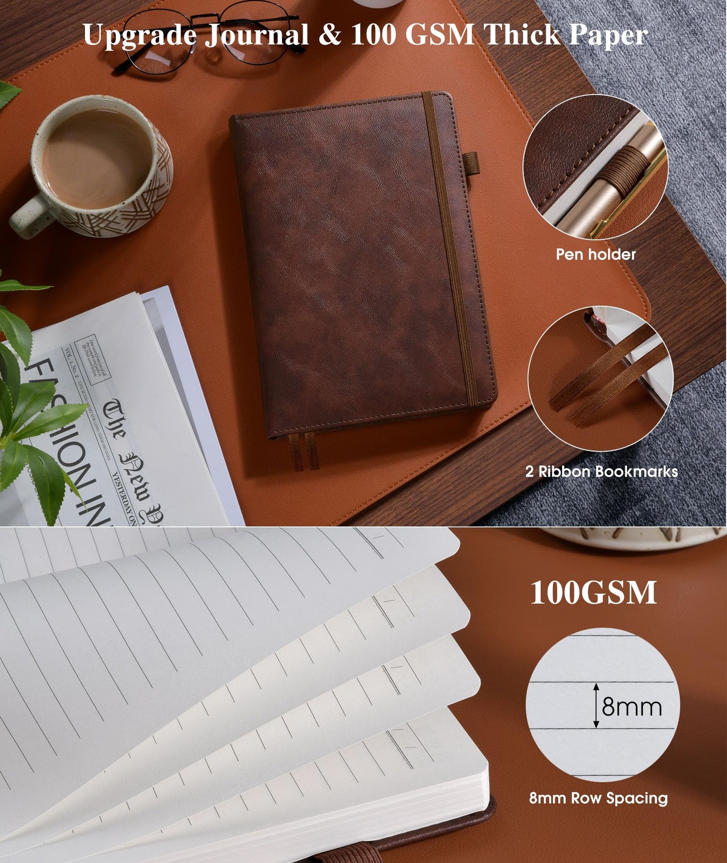 Lined Leather Journal Notebook for Men Women, Hardcover Journals with 256 Numbered Pages, A5 Journaling Notebooks for Writing, 100GSM Thick Ruled Paper for Business Work School 5.75"×8.38", Brown