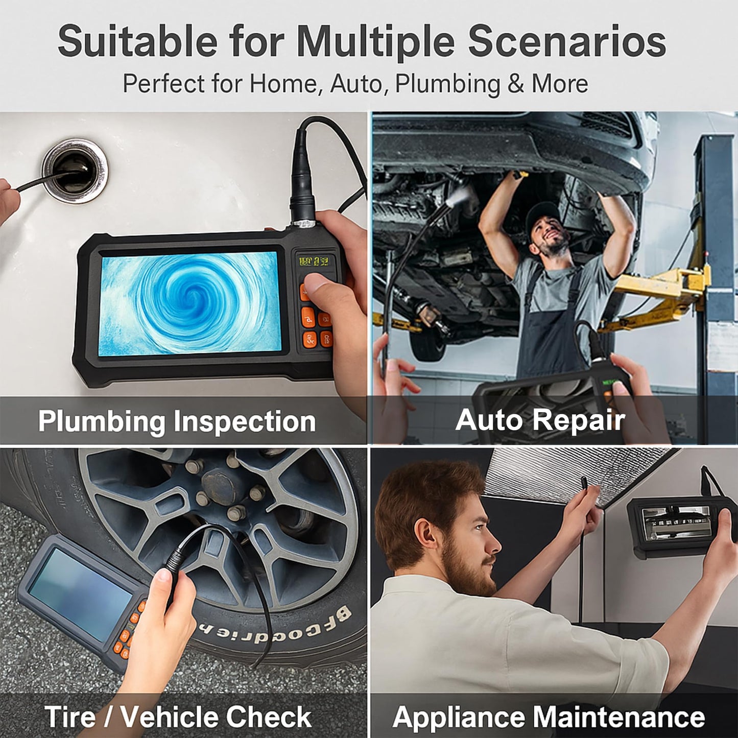 49.2 Feet Inspection Endoscope Camera with Light, 1080P HD Borescope Camera with Light, 4.3" IPS Screen, IP67 Waterproof Sewer Borescope, 49.2Ft Semi-Rigid Cord Drain Pipe Endoscope Cool Gadgets Tool