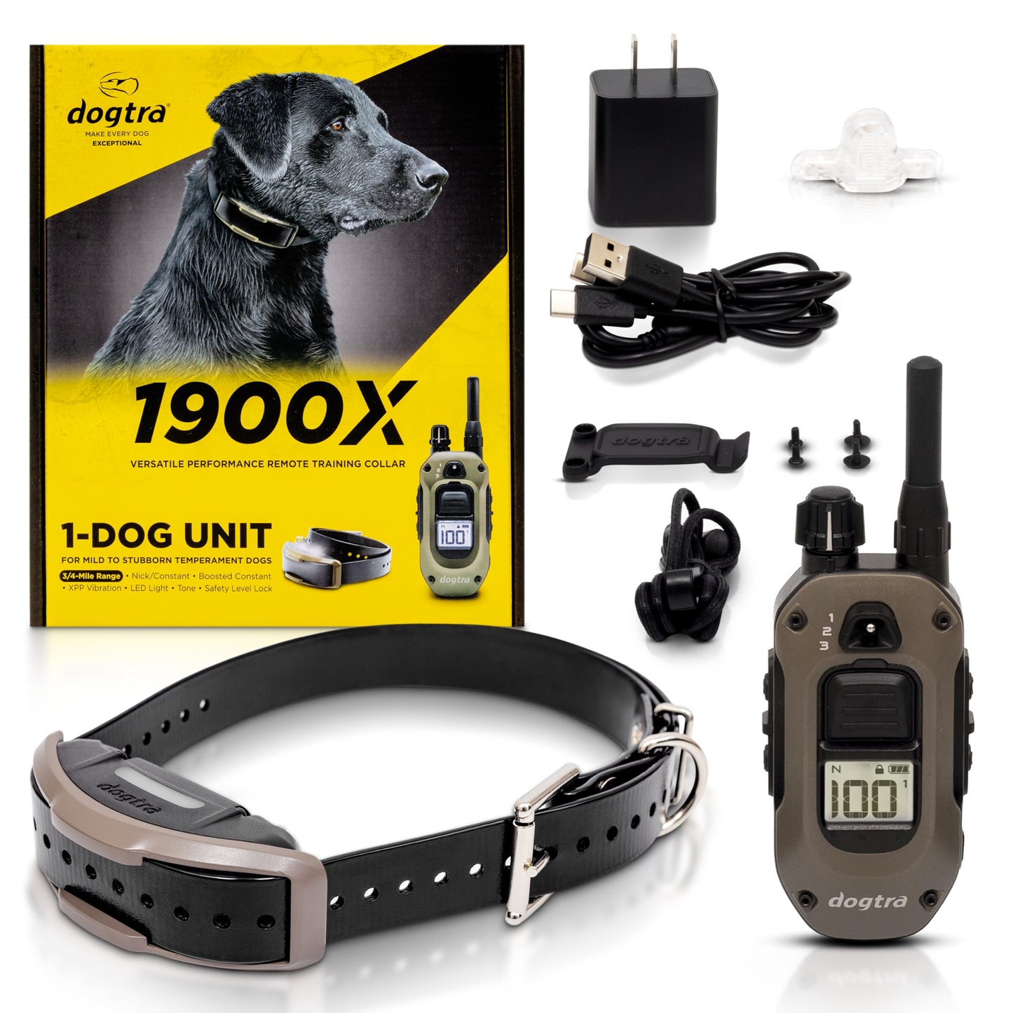 Dogtra 1900X E-Collar for Dog Training - 3/4 Mile Range, for Dogs 35 lbs+, IPX9K Waterproof, 100 Stimulation Levels, Vibration, Tone, Rechargeable - Ideal for Dog Owners and Professional Trainers