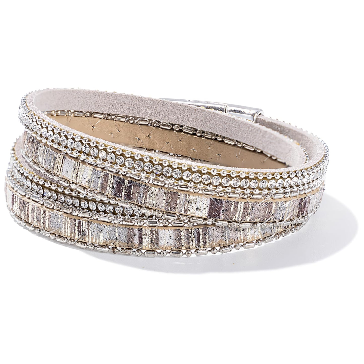 FANCY SHINY Boho Leather Wrap Bracelet Stackable Crystal Rhinestone Bangle Cuff with Magnetic Clasp Trendy Bohemian Jewelry for Women(grey)