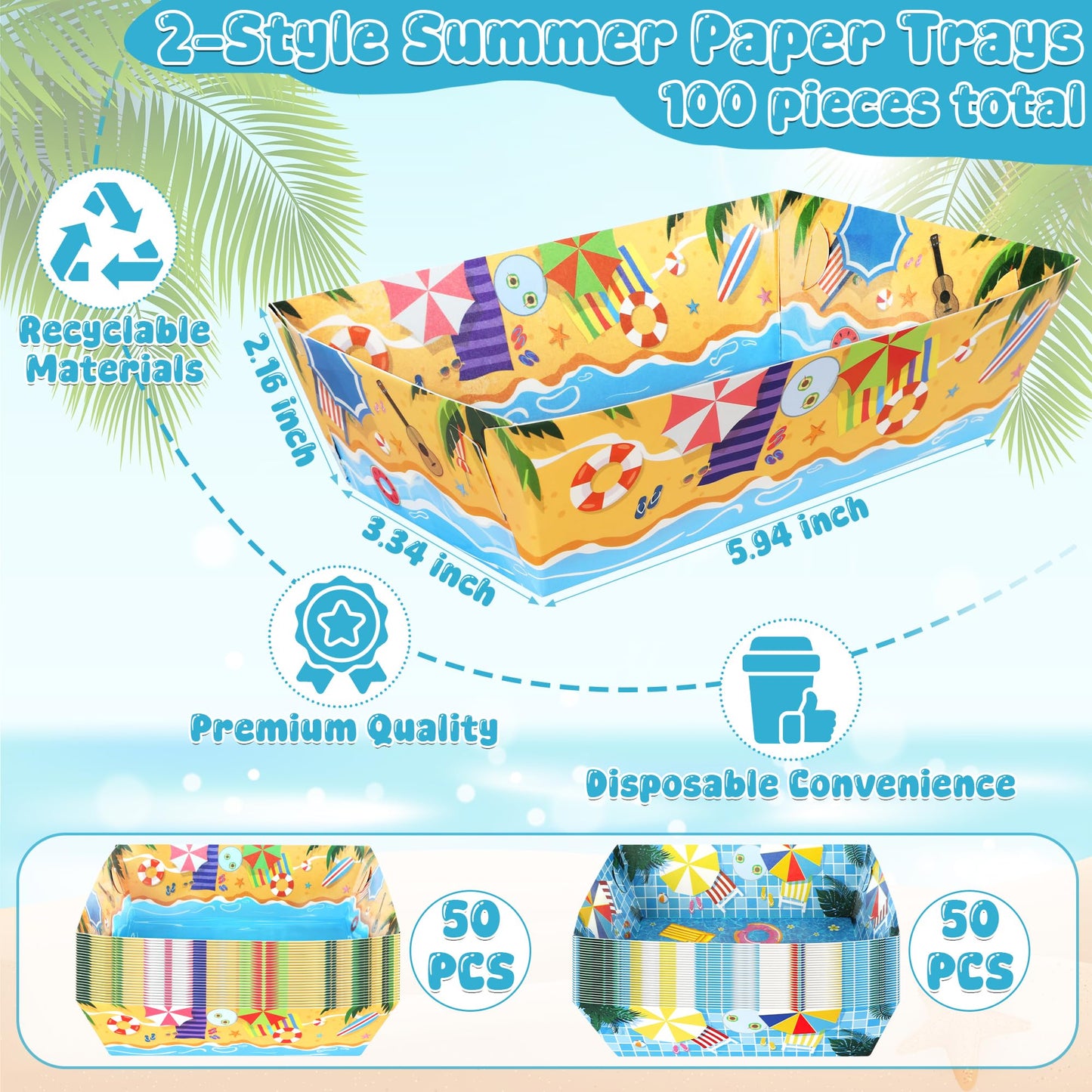 100 Pcs Pool Party Decorations, 5.94" x 3.34" x 2.16" Summer Beach Pool Party Snack Trays, Disposable Paper Food Trays with 2 Designs, Serving Plates for Tropical Hawaiian Summer Themed Decorations