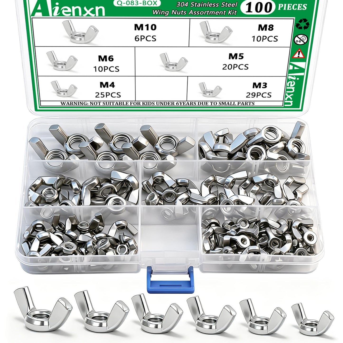 Aienxn 100PCS Metric Sizes Wing Nuts Assortment Kit, 304 Stainless Steel M3, M4, M5, M6, M8, M10, Parts Butterfly Wing Nut, Wingnuts Fasteners