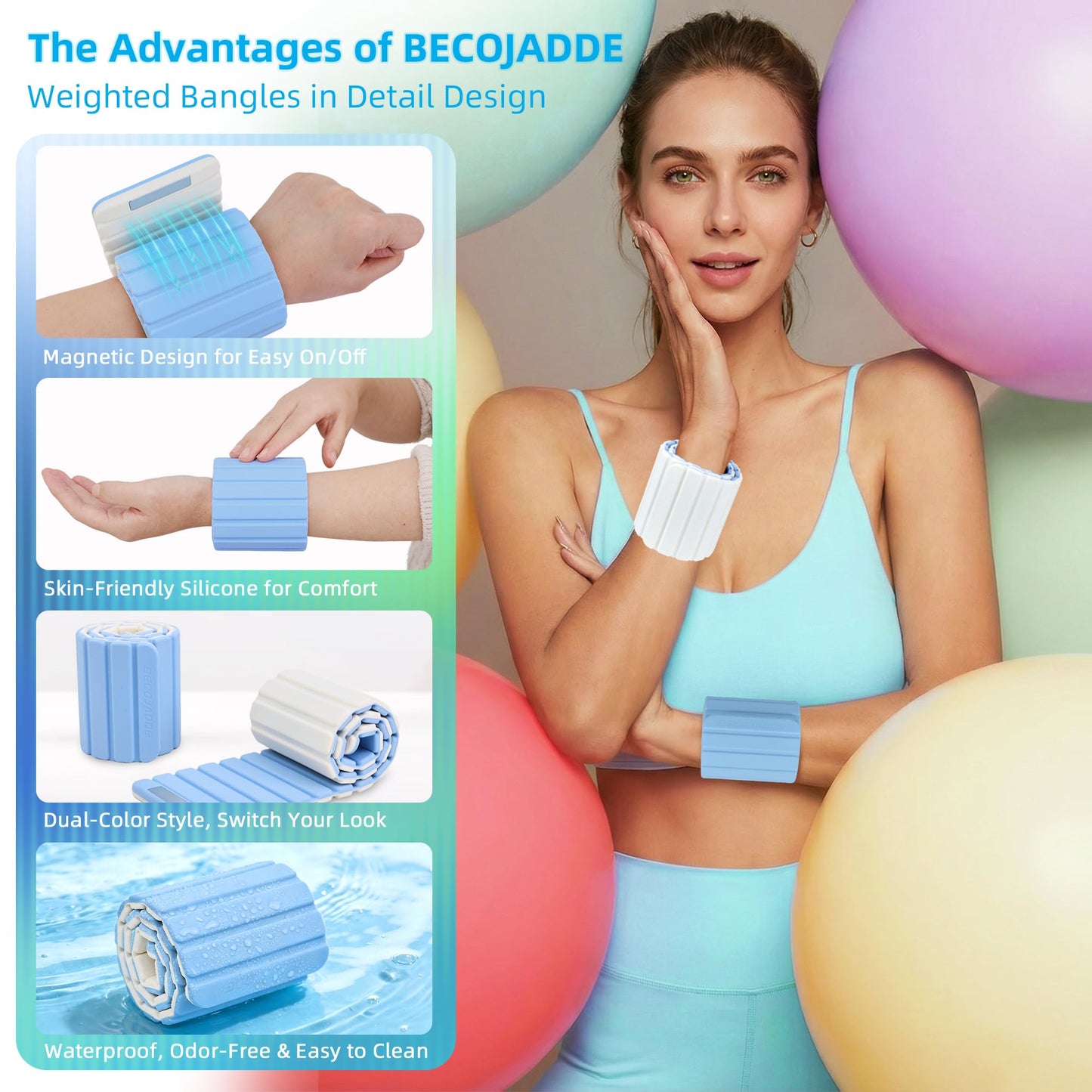 BECOJADDE Wrist Weights Ankle Weights for Women 1 Pair (1.1 lb Each) Silicone Magnetic Leg Arm Weighted Bracelet for Home Yoga Pilates Gym Workout Walking Jogging, Blue Cream