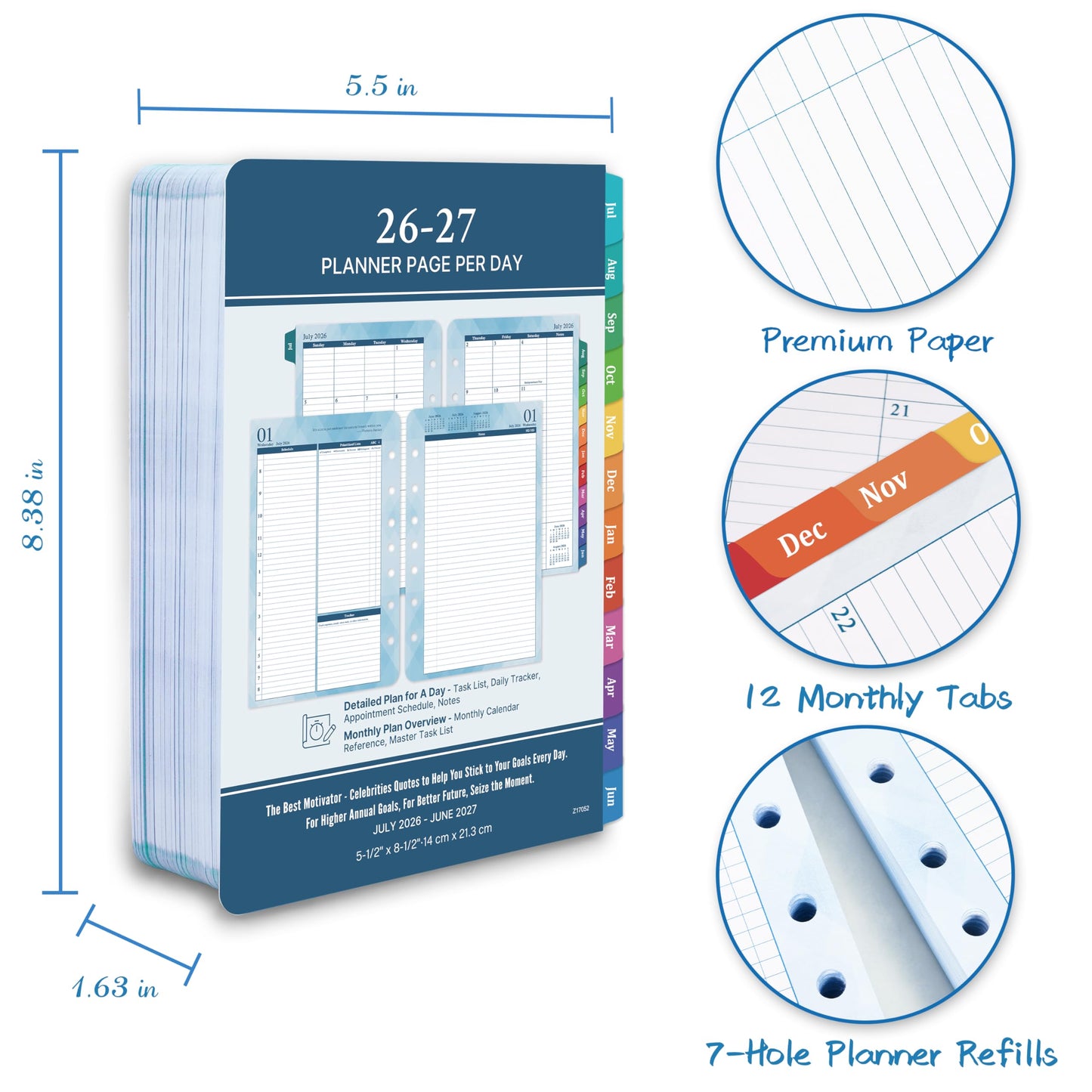 2026-2027 Planner Refills – Jul 2026 - Jun 2027, Two Pages Per Day Daily ＆ Monthly Planner 2026-2027, 5.5" x 8.4" Ring-Bound Organizer, Tabs, Quotes, Prioritized Task, Daily Tracker/Notes, Appointment Schedule