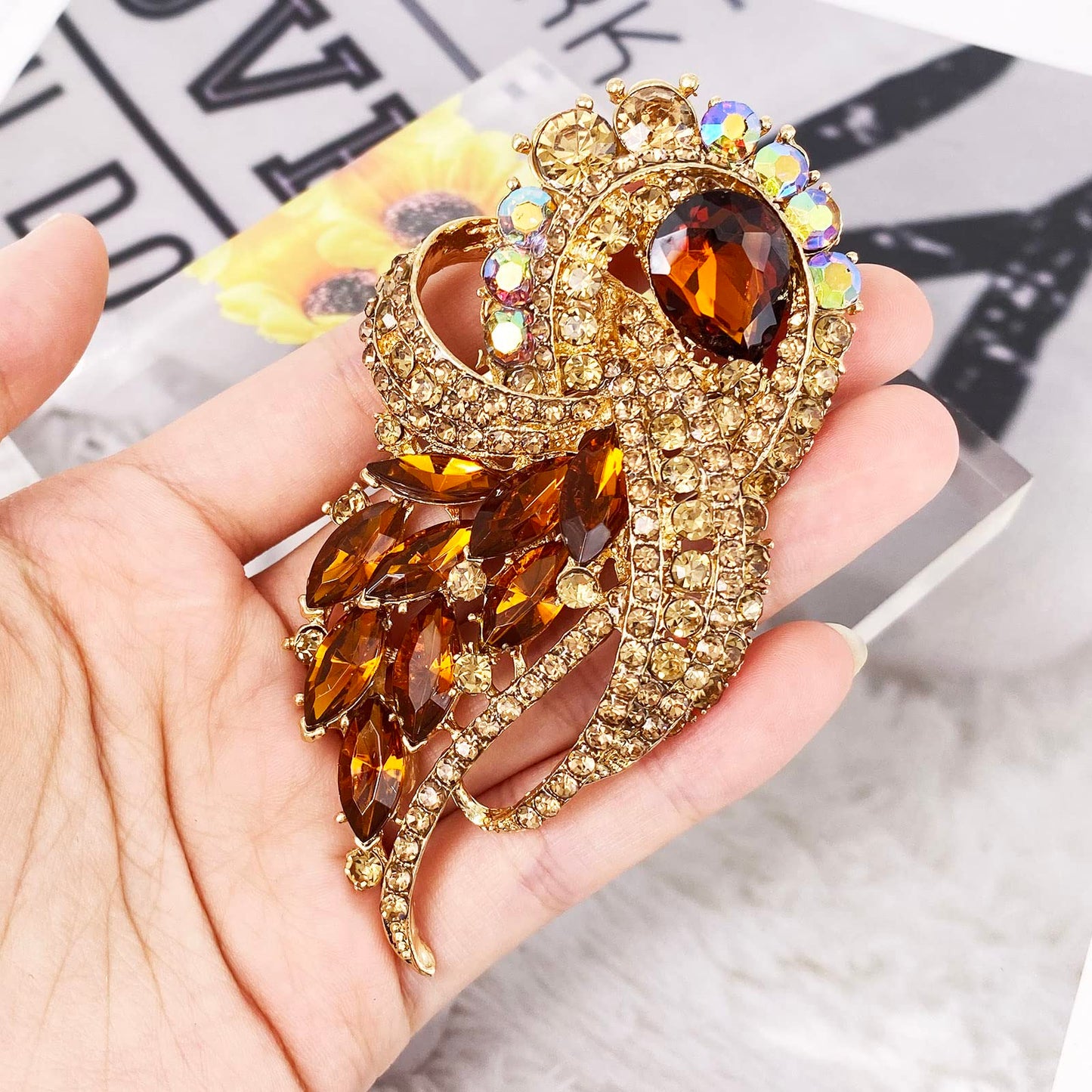 LAXPICOL Women's Vintage Brown Austrian Crystal Elegant Flower Bouquet Wing Brooch Gold Tone