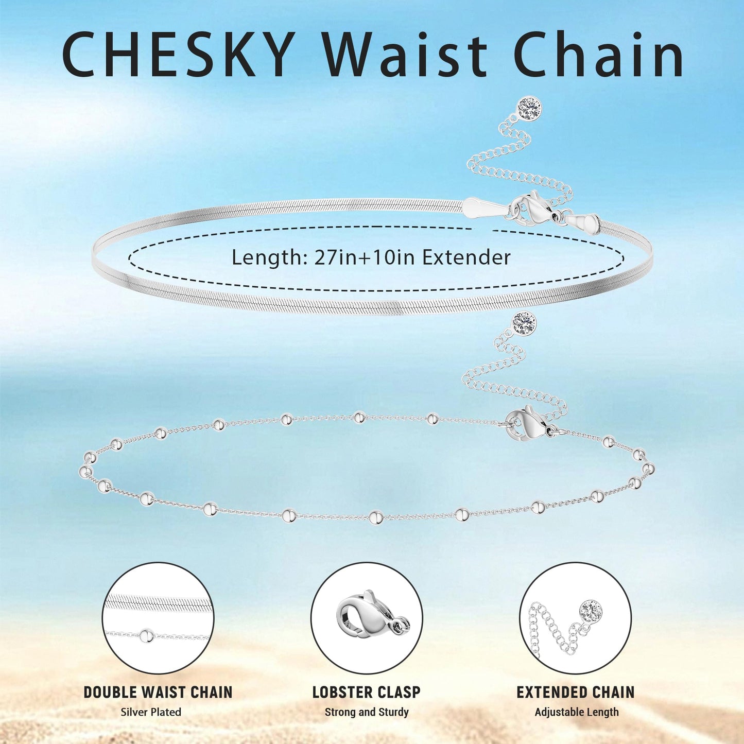 CHESKY Silver Waist Chain for Women, Layered Belly Belt Chains Beach Waist Beads Chain Waterproof Herringbone Snake Body Chain Summer Jewelry Accessories for Women