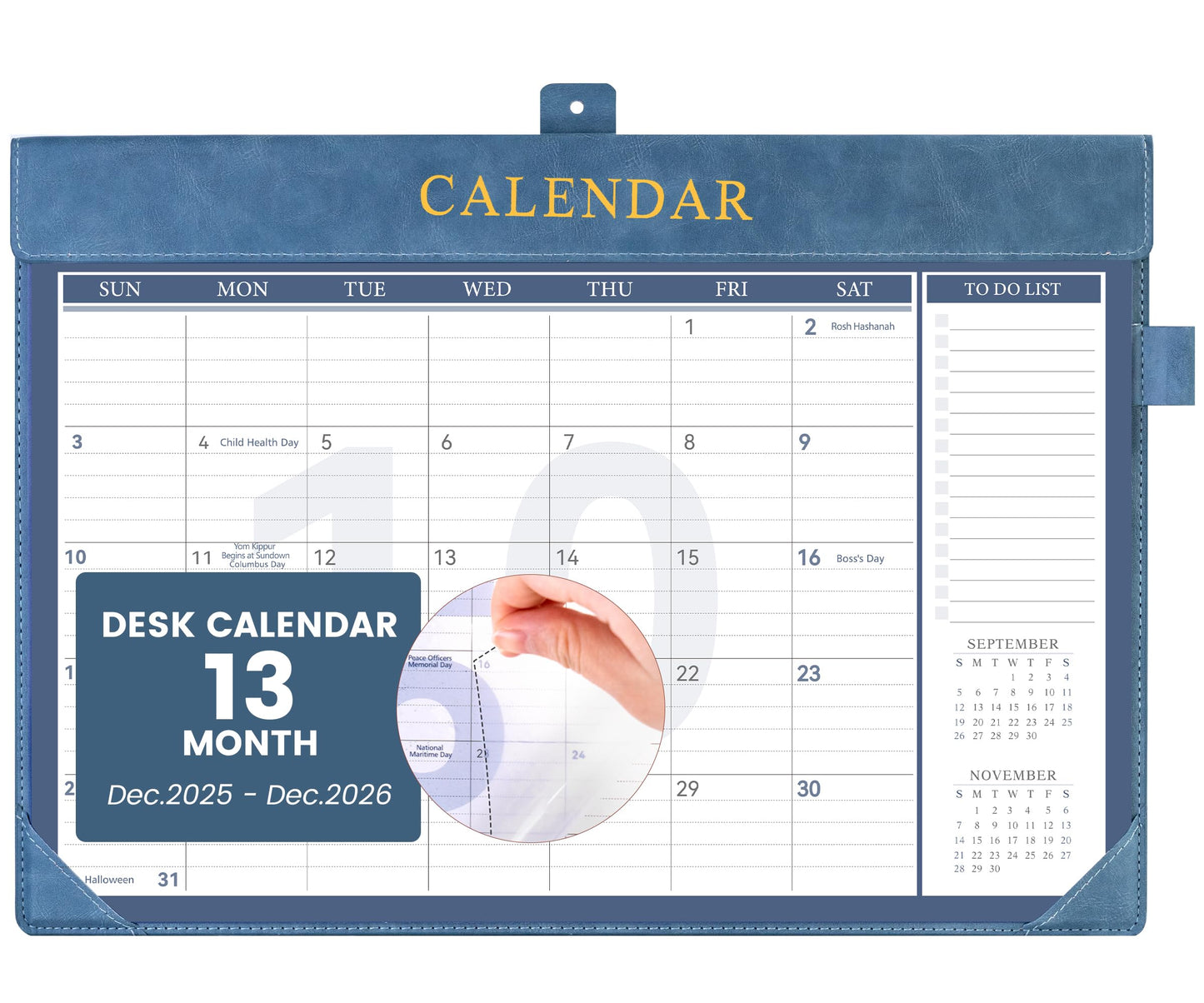 Yoment Desk Calendar 2026 Leather Desk Calendar with to-Do Lists, 13 Months Desk Pad Wall Calendar with Pen Holders PVC Cover for Work Office School Home Women Men, Jan2026-Dec 2026, 17 x 12, Blue