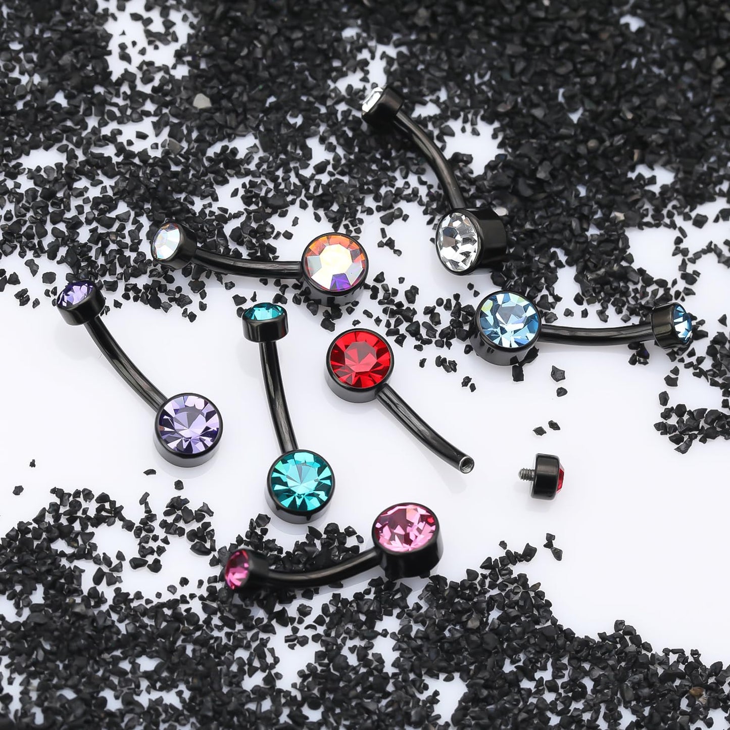 XUU Titanium Belly Button Rings, Black & Silver – 14G Internally Threaded Navel Piercing Jewelry, 10mm & 12mm Curved Barbells with 7 Colors Gems – Hypoallergenic (Black-Ocean Blue cz, 10MM)