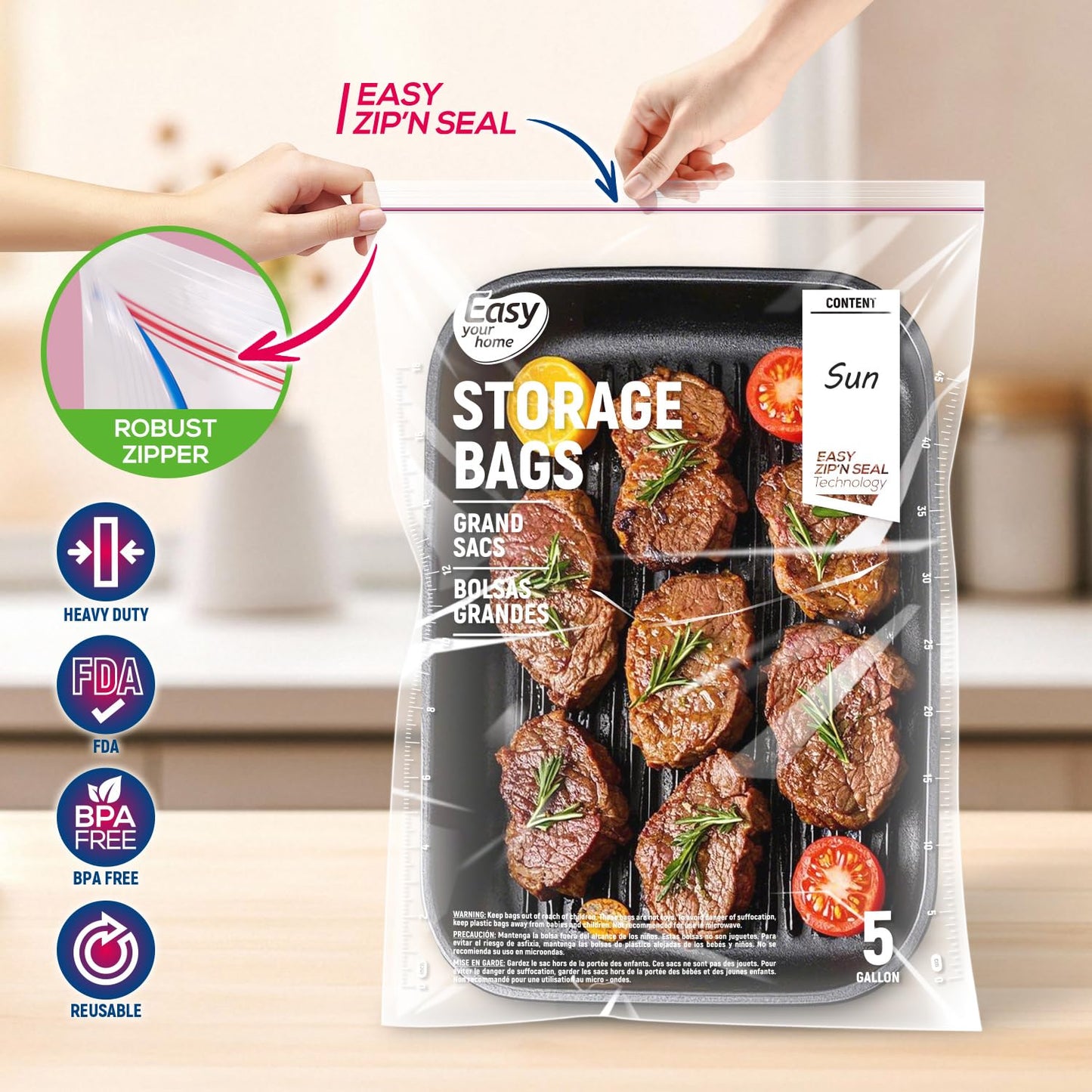EASYYOURHOME 20PCS 5 Gallon Zipper Lock Storage Bags,18"x24",Reusable Extra Large Size Plastic Freezer Bag with Zipper for Food,Clothing,Travel,Moving,BPA-Free,2-Mil Thick