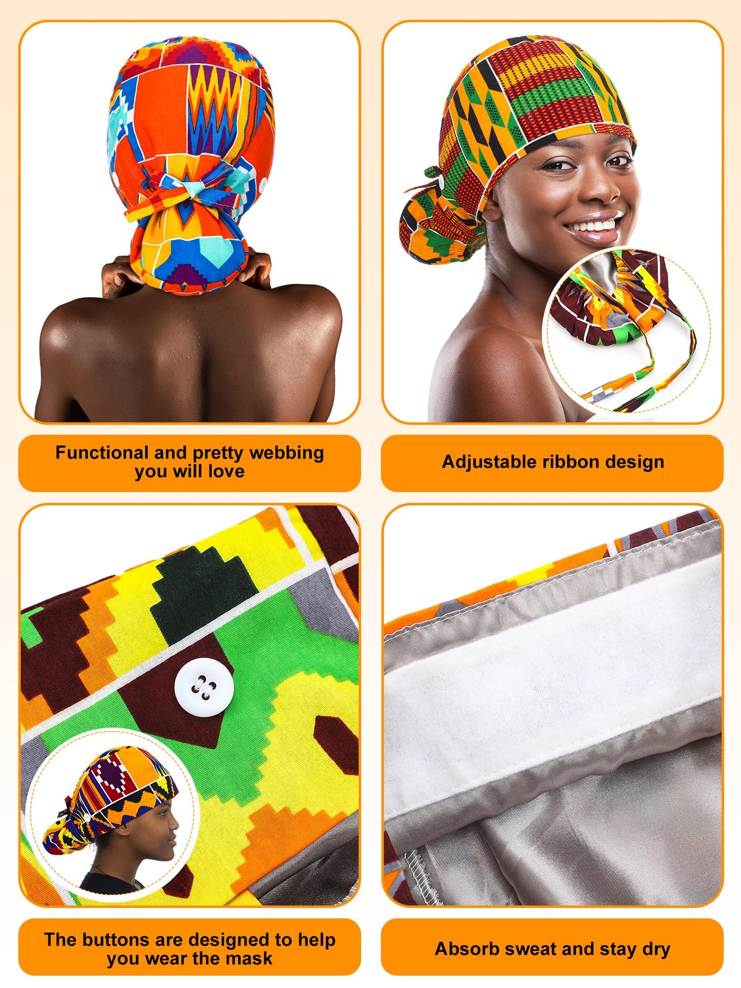 Floraltop 6 Pcs Satin Lined Scrub Caps Women Nurse Surgical Hat with Buttons Ponytail Working Adjustable Shower Caps Tie Back(African Style)