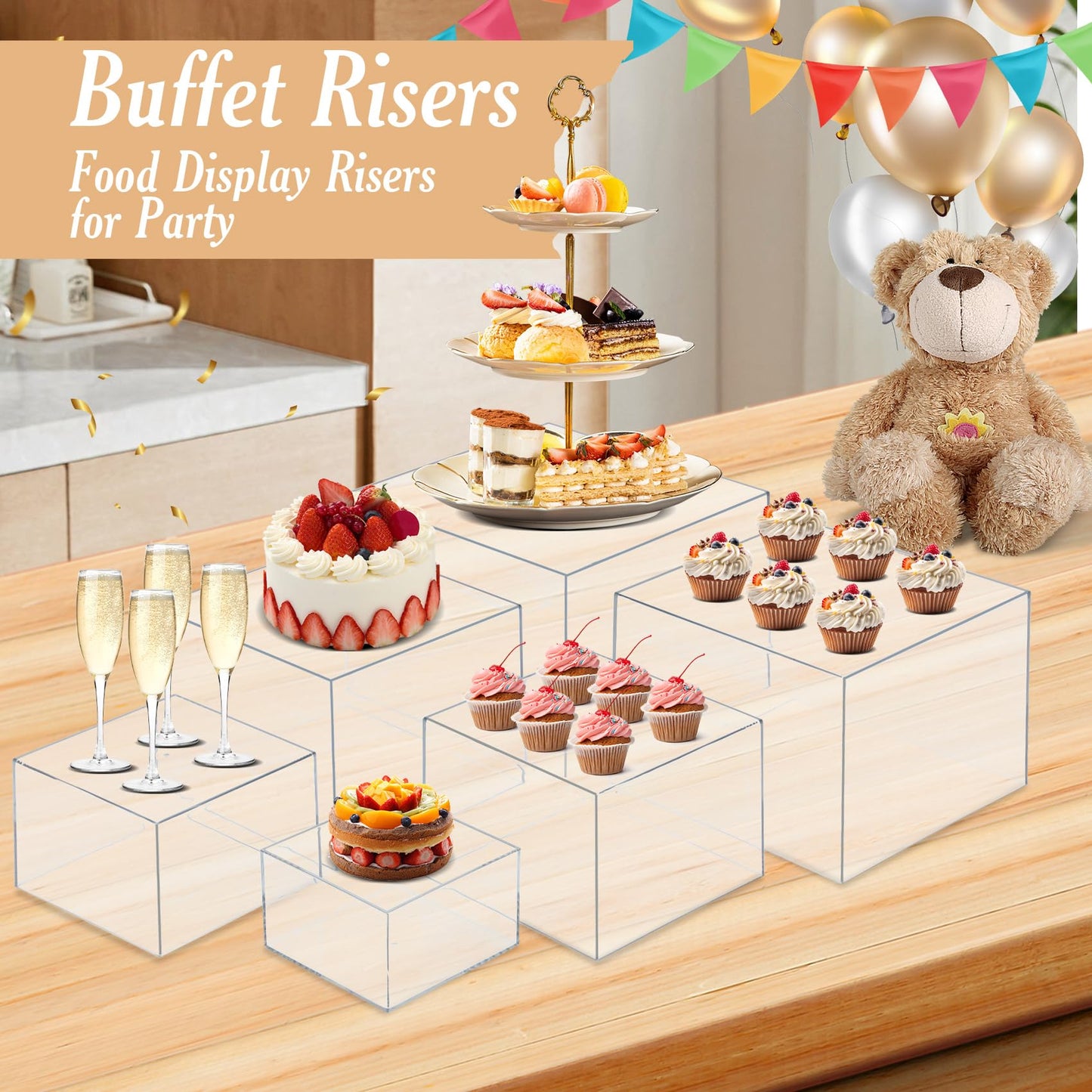 6 PCS Buffet Risers, Large Food Risers for Buffet Table, Food Display Risers for Party, White Acrylic Boxes Dessert Table Display Set, Risers Display Stands (Size 10" 9" 8" 7" 6" 5", Transparent)