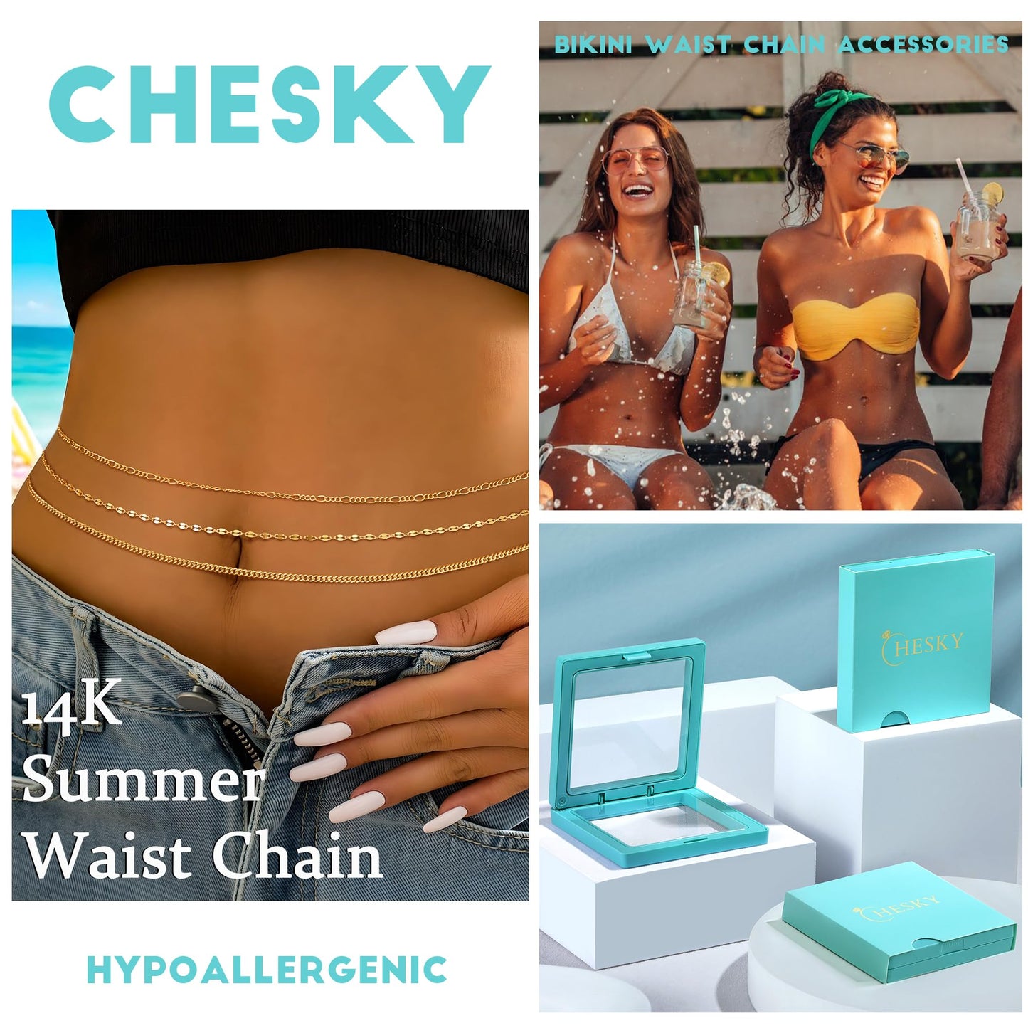 CHESKY 14K Gold Plated Layered Waist Chain for Women, Belly Belt Chains Beach Waist Beads Chain Waterproof Cuban Figaro Body Chain Summer Jewelry Accessories for Women