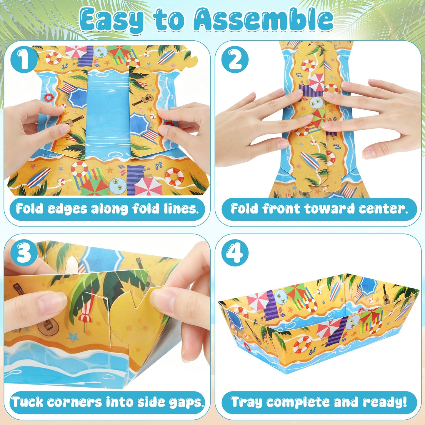 100 Pcs Pool Party Decorations, 5.94" x 3.34" x 2.16" Summer Beach Pool Party Snack Trays, Disposable Paper Food Trays with 2 Designs, Serving Plates for Tropical Hawaiian Summer Themed Decorations