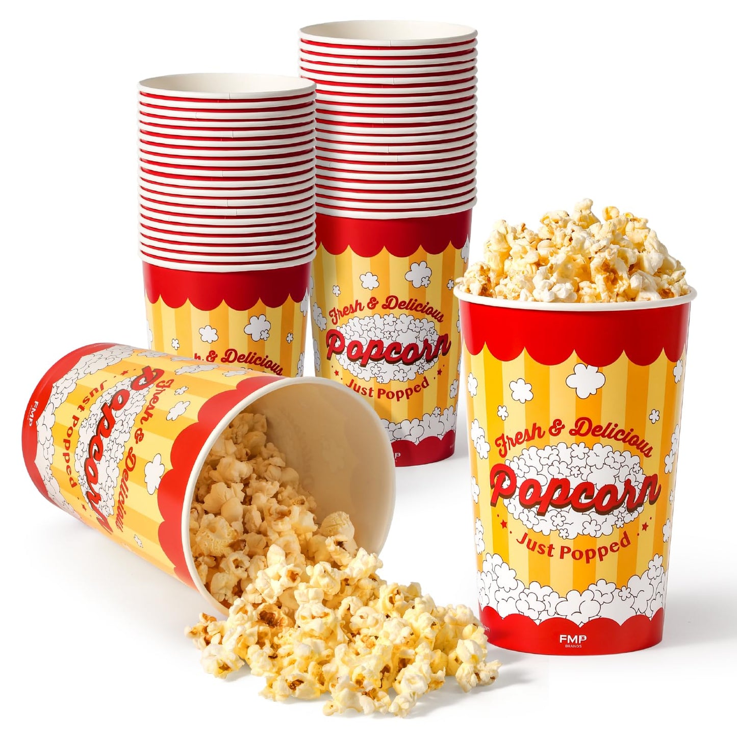 Fit Meal Prep 25 Pack Classic Paper Popcorn Buckets Disposable, 64 Oz Grease Resistant Popcorn Bowls Cups for Machine Home Theater Carnival Movie Night