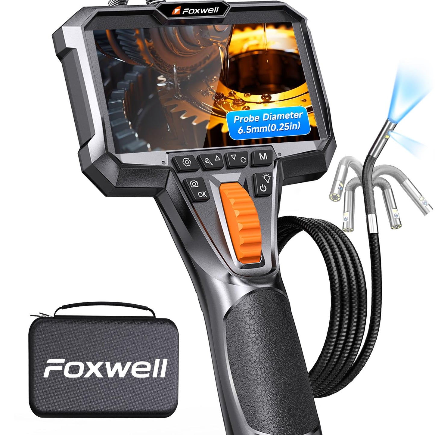 FOXWELL Dual Lens Articulating Borescope, 0.25in Slim 220° Two-Way Endoscope Camera with LED Light, IPS HD Screen, IP67 Waterproof Snake Camera for Automotive, Pipe, Wall & Engine Inspection – 5.3FT