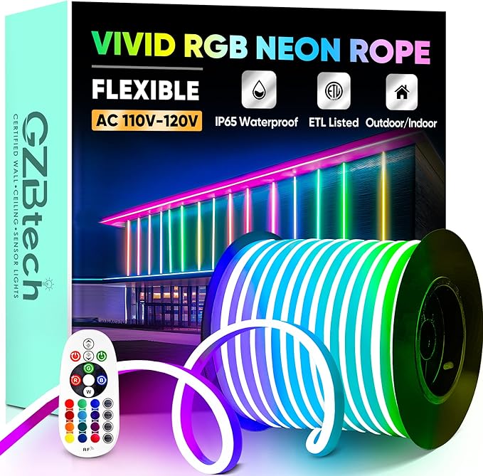 GZBtech RGB LED Neon Rope Lights 133FT/40M, AC 110-120V Waterproof Color Changing LED Rope with Remote Control, Dimmable Multi Color Strip Lighting for Indoor Outdoor Commercial Use, ETL Listed