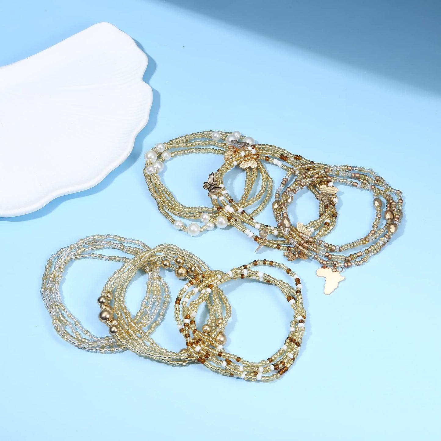 Helicopchain 6Pcs Waist Beads For Women African Waist Beads Belly Chain Beads Waist Elastic Bead Summer Body Chain Bikini Jewelry Gold