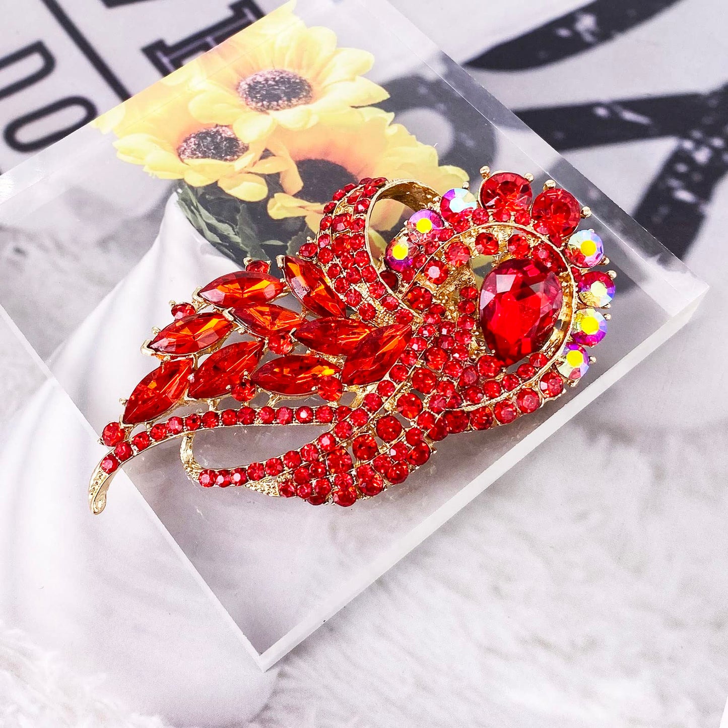 LAXPICOL Women's Vintage Red Austrian Crystal Elegant Flower Bouquet Wing Brooch Gold Tone