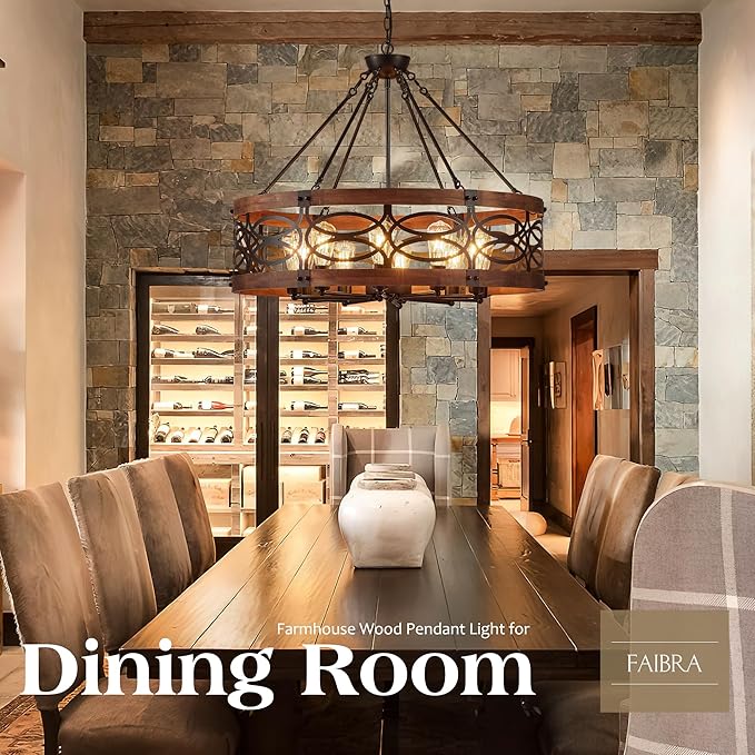 10-Light Farmhouse Drum Wood Pendant Light,32.24'' Vintage Rustic Brown Oak Wood Chandeliers,Retro Industrial Hanging Light Fixtures for Dining Room Entryway, Bedroom