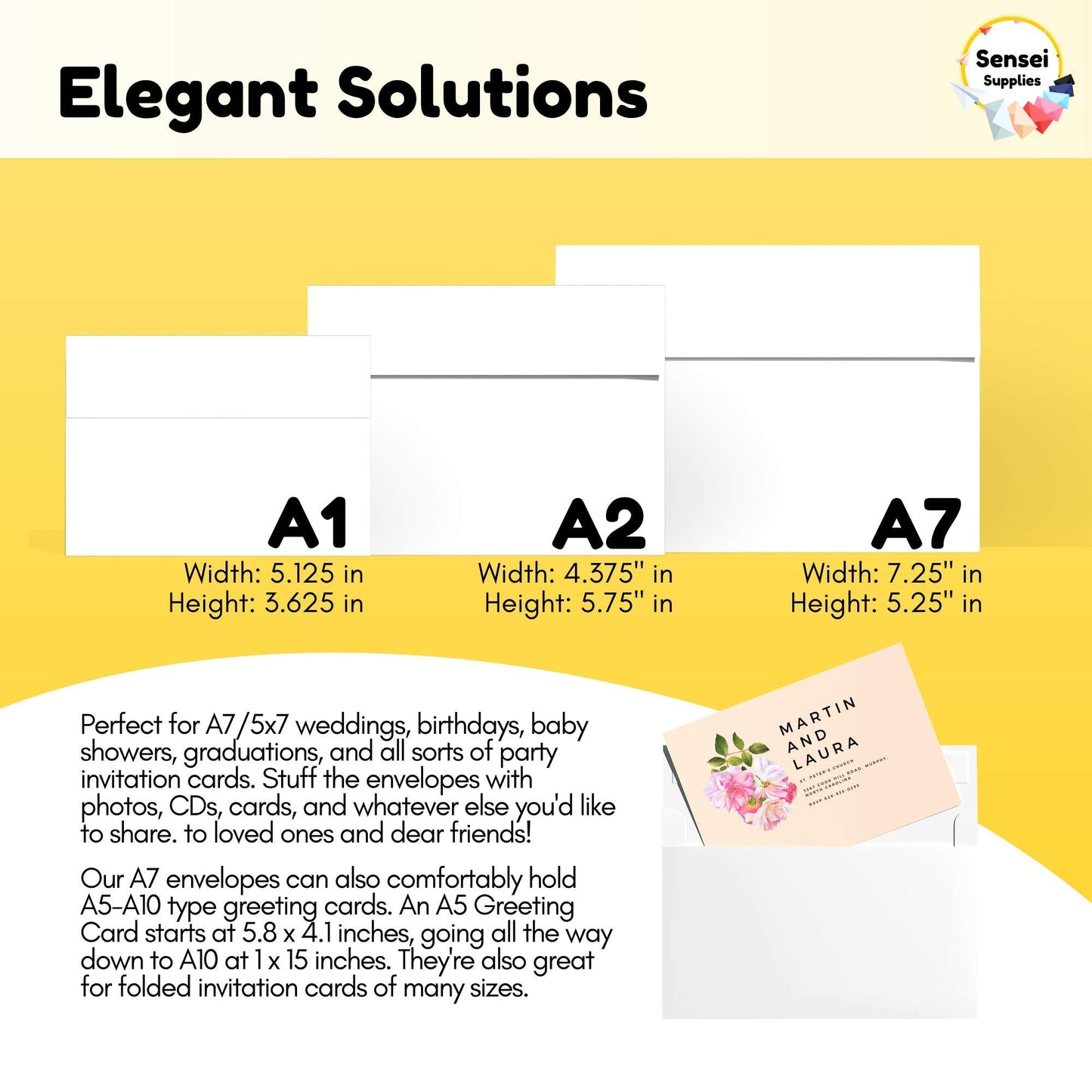 5x7 Envelopes for Invitations - 110 White Envelopes for 5x7 Cards - A7 - (5 ¼ x 7 ¼ inches) - Perfect for Weddings, Graduation, Baby Shower - 120 GSM - Peel, Press & Self Seal - Square Flap
