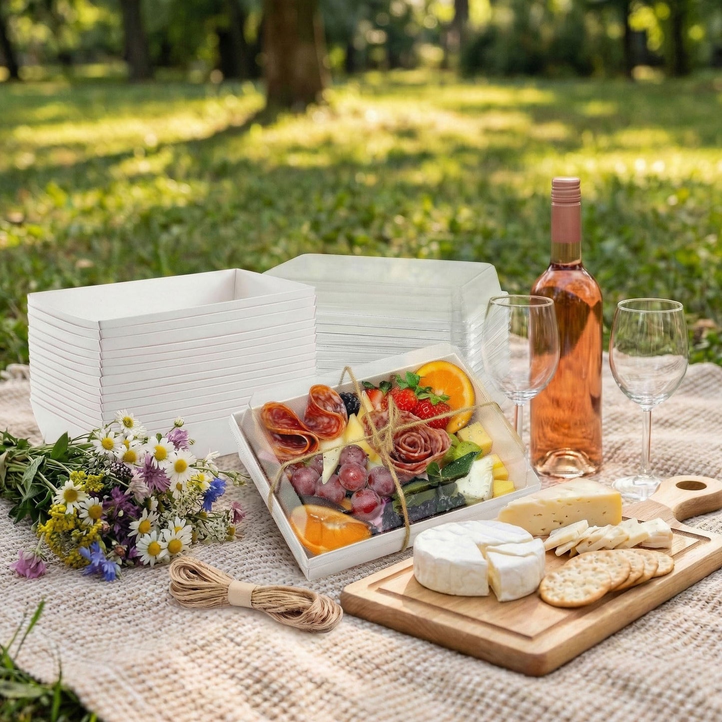 Leafiew 50 Pack 7x5 Inches Charcuterie Boxes with Clear Lids - Individual To Go Paper Charcuterie Board with Lid, Disposable Food Containers for Desserts, Cookie, Food, Charcuterie Accessories,White