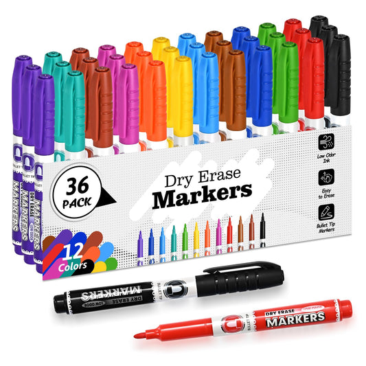 SUQJOY Dry Erase Markers, Fine Tip Whiteboard Marker, Low Odor Dry Markers with Pen Clip, Fine Point Maker, 36 pack 12 Assorted Colors Markers for Students/Teachers