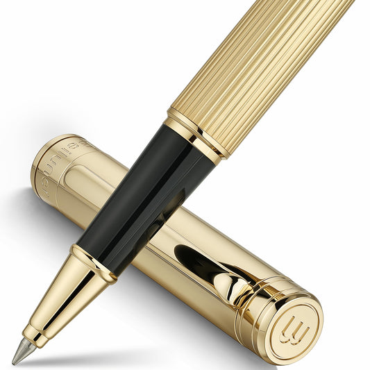 BEILUNER Lighthouse Series Rollerball Pen, 24K Gold Finish Pen Body, Exquisite Vertical Lines, Schneider 850 Refill, Nice Pen Gift Set for Men & Women, Office, Executive and Fancy Designer Pens (Gold)