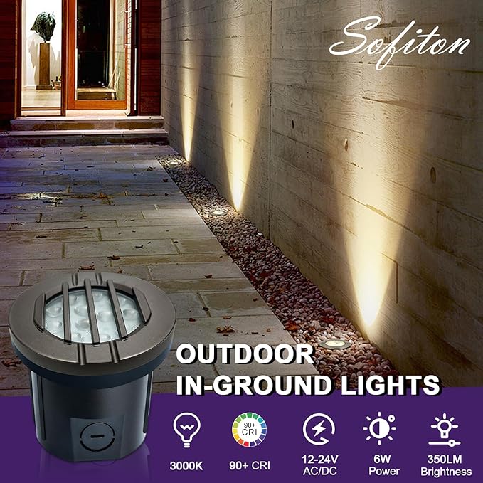 6W Well Lights, Grated Top, 3000K, 12-24V AC/DC, Outdoor In-ground Lights with Wire Connectors, IP65 Waterproof Low Voltage Lighting for Garden Fence Pathway Deck, ETL Certified, 12 Pack