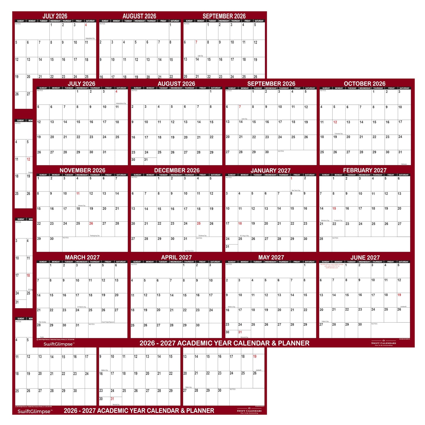 24" x 36" SwiftGlimpse 2026-2027 Academic Wall Calendar, Erasable, Large, Wet & Dry Erase Laminated, Reversible, Yearly Planner, JULY 2026 to JUNE 2027 ONLY, Maroon