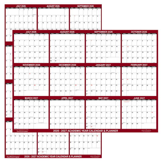 24" x 36" SwiftGlimpse 2026-2027 Academic Wall Calendar, Erasable, Large, Wet & Dry Erase Laminated, Reversible, Yearly Planner, JULY 2026 to JUNE 2027 ONLY, Maroon