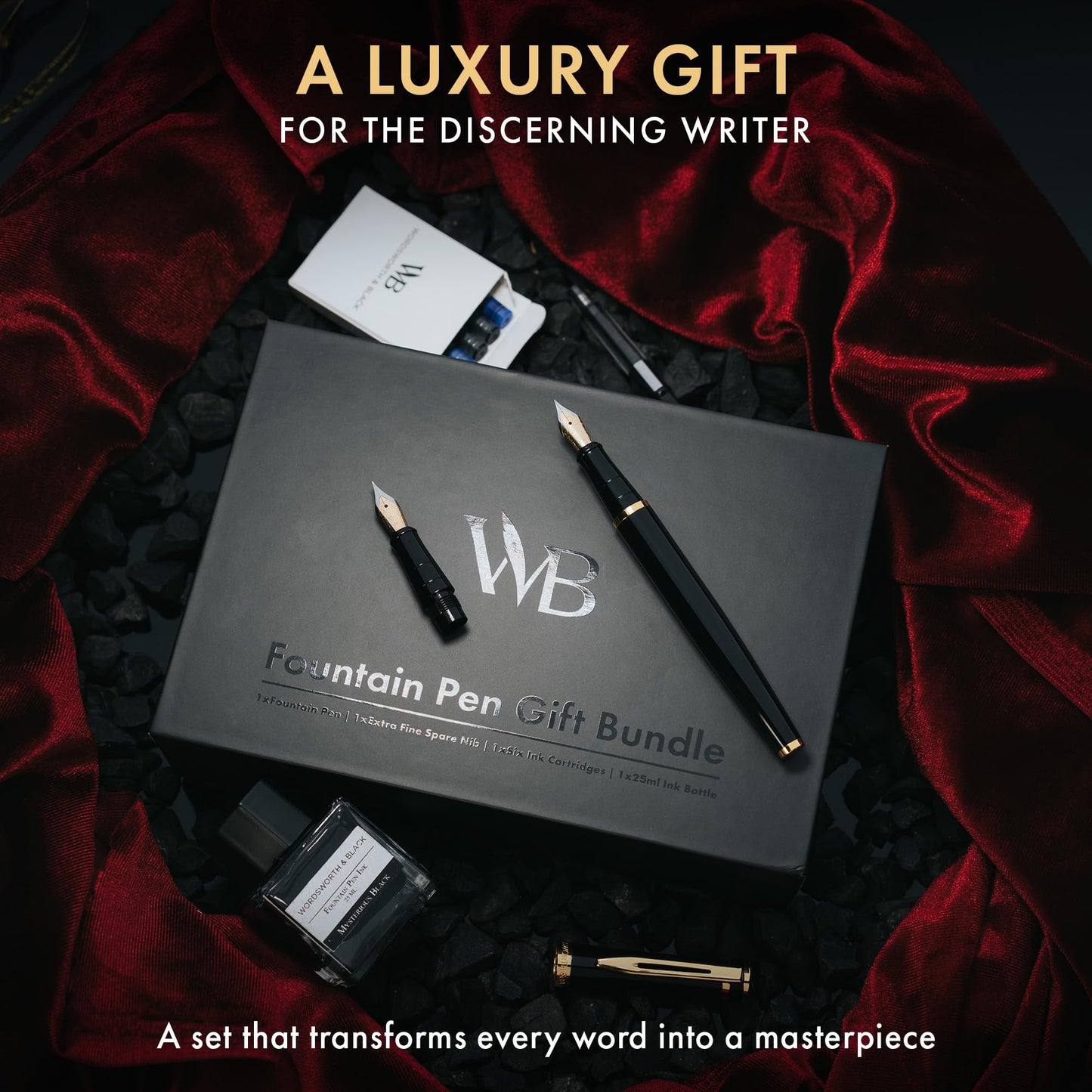 Wordsworth & Black Fountain Pen Set,18K Gilded Medium and Extra Fine Nib,25MLBlack Ink Bottle,6 Ink Cartridges,Refill Converter,Gift Box,Smooth Writing Pens [Black Gold],Gift Set for Men and Women