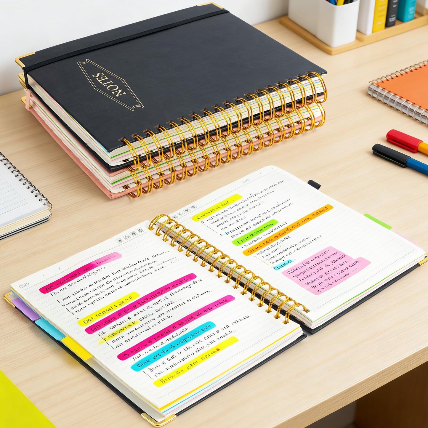 M&G Hardcover Spiral Notebook, 5 Subject Noteboook College Ruled 300 Page, Large 8"x10" B5 Notebooks for Work School, Lined Journal for Women & Men, Black