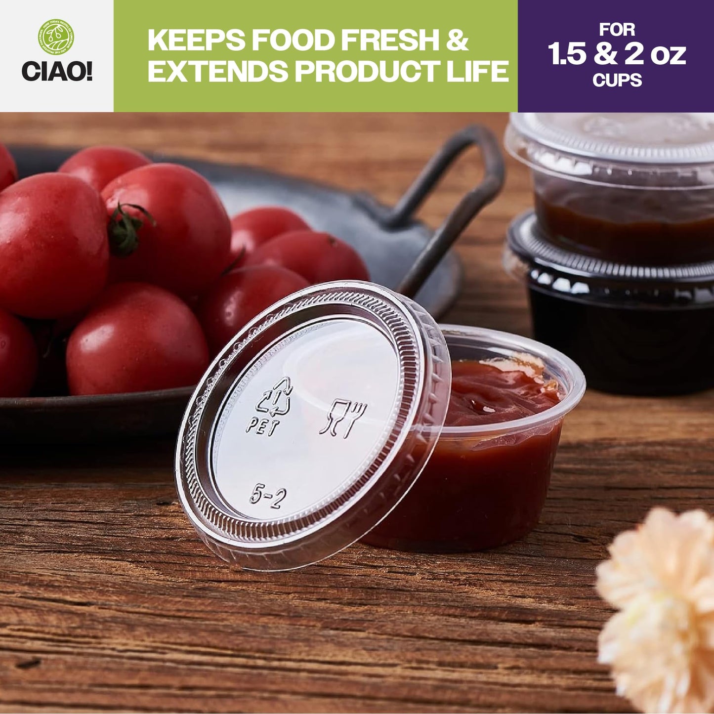 CIAO! Ultra Clear PET Portion Cup Lids, 62mm, Fits CIAO! 1.5 & 2 oz Portion Cups, Case of 2,500