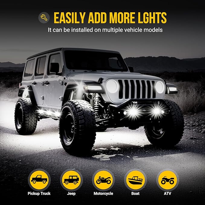 8 Pods COB White Rock Lights, 120 COB Chips 6500K Pure White Super Bright Neon Underglow, IP68 Waterproof Shockproof Off-Road Light Kit for Pickup Trucks, SUV, UTV, ATV, RZR, Cars & Boats
