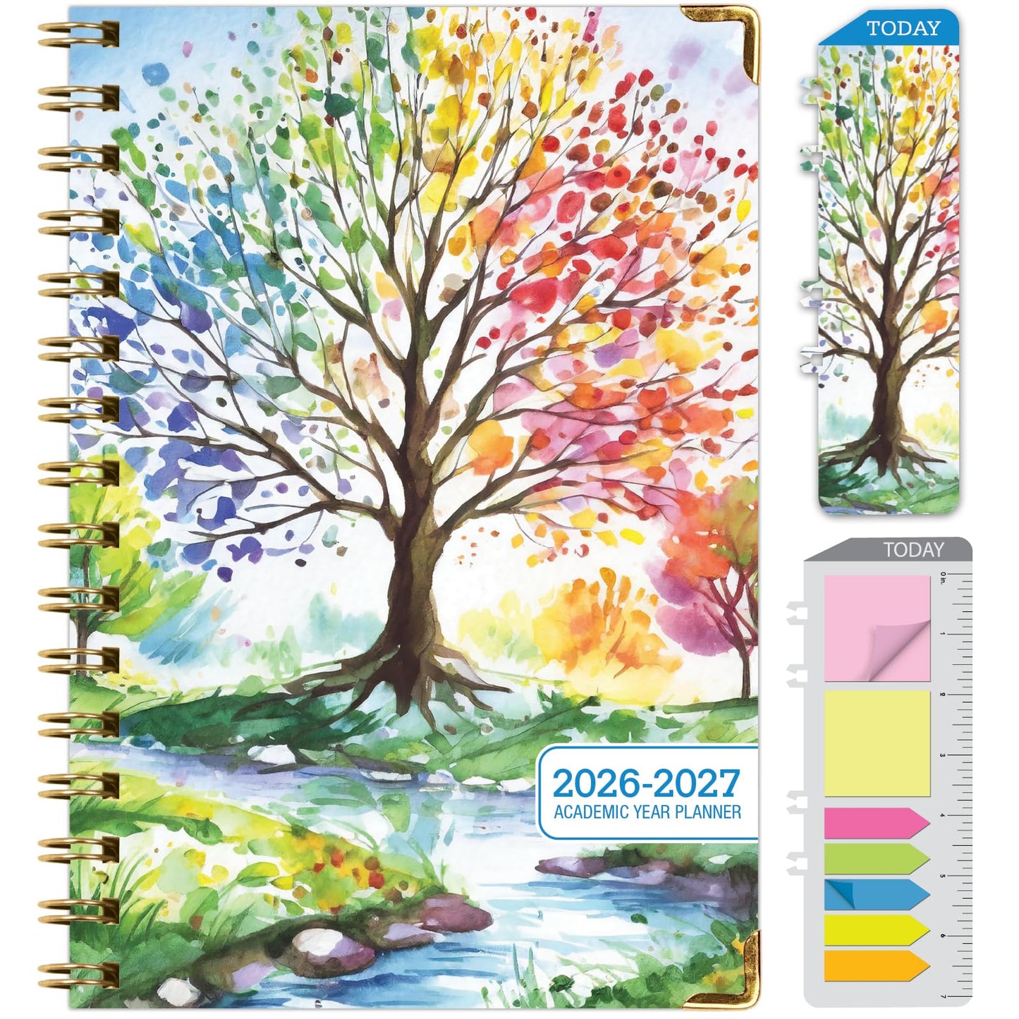 HARDCOVER Academic Year 2026-2027 Planner: 14 Months (May 2026 Through June 2027) 5.5"x 8" Daily Weekly Monthly Planner Yearly Agenda. Bookmark, Pocket Folder and Sticky Note Set (Tree Seasons)