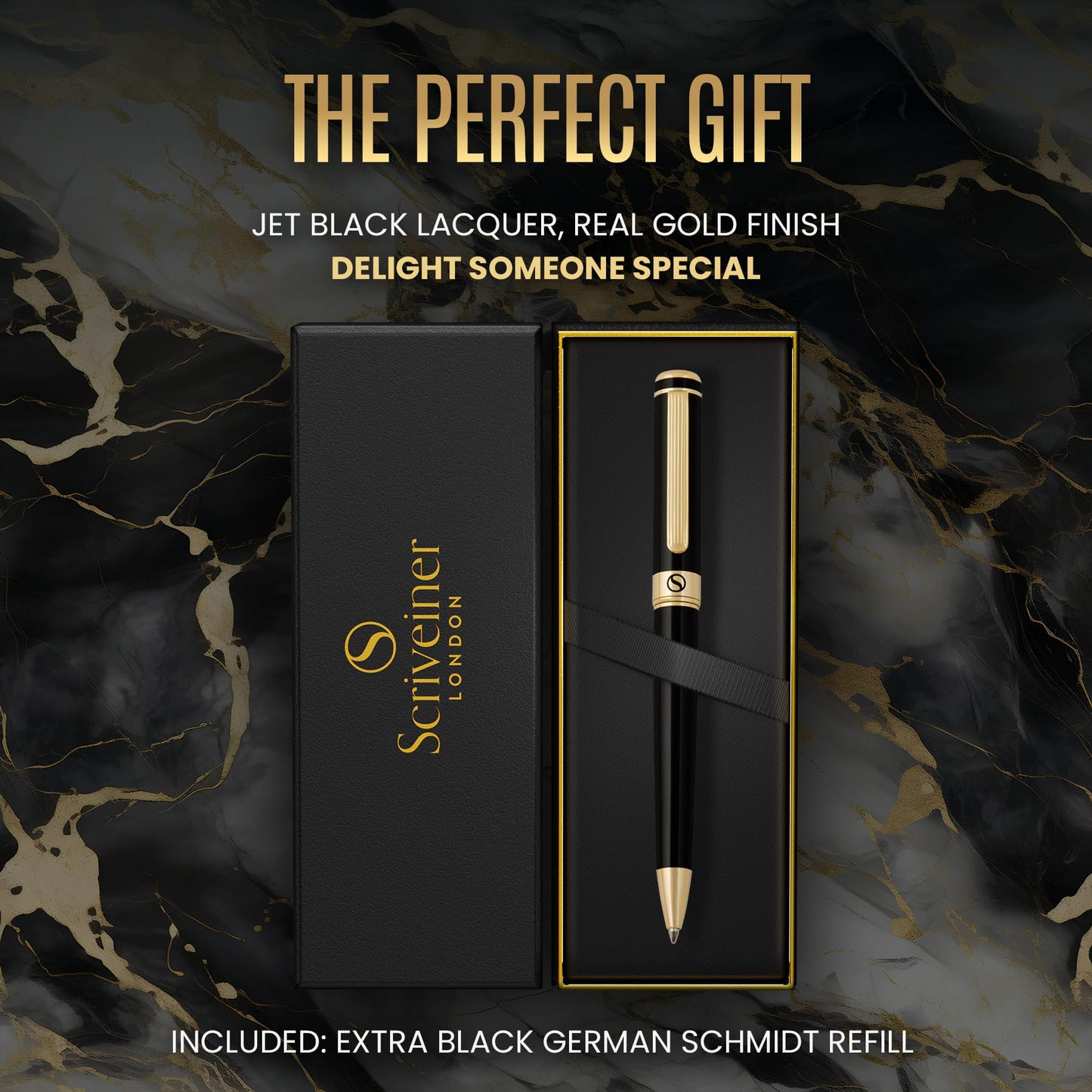 Scriveiner Black Lacquer Ballpoint Pen -Stunning Luxury Pen, Real Gold Plating, Schmidt Black Refill, Best Gift Set for Men & Women, Professional Executive Office, Nice Fancy Designer Pens