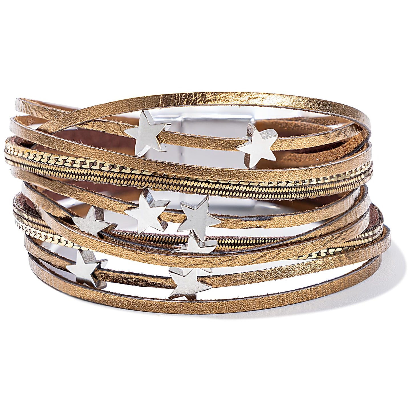FANCY SHINY Leather Wrap Star Bracelet Boho Bangle Bracelets for Women Trendy Stackable Cute Star Bracelet with Magnetic Clasp(Bronze)
