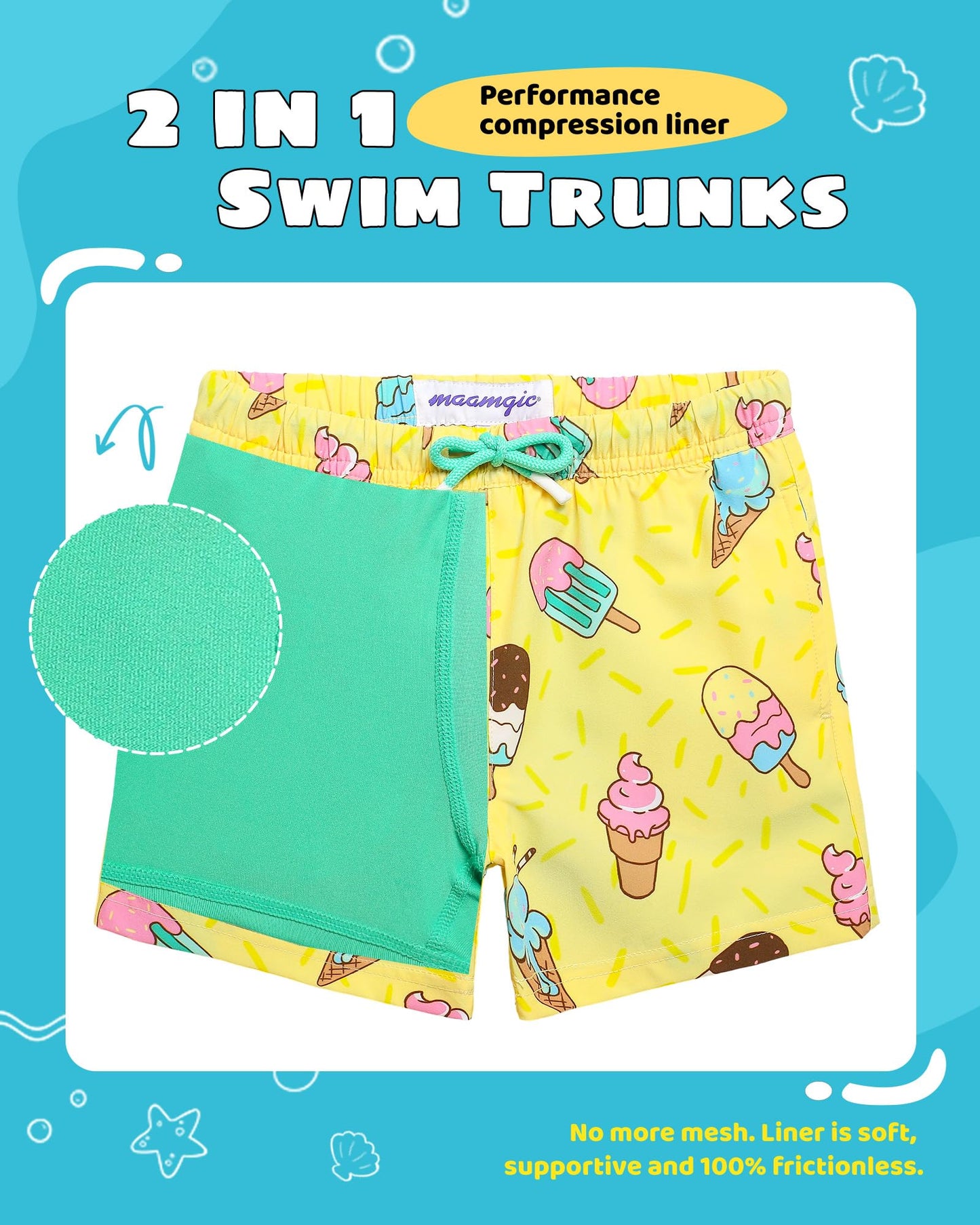 maamgic Boys Swim Trunks with Compression Liner Toddler Stretch Swim Shorts Quick Dry Swimming Trunks Boxer Brief 2 in 1 Beach Shorts Yellow Ice Cream 14/16