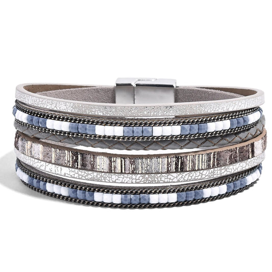 VIBILIA Boho Leather Wrap Bracelets for Women Trendy Layered Multi-Layer Bracelets with Strong Clasp Jewelry for Women-Gray