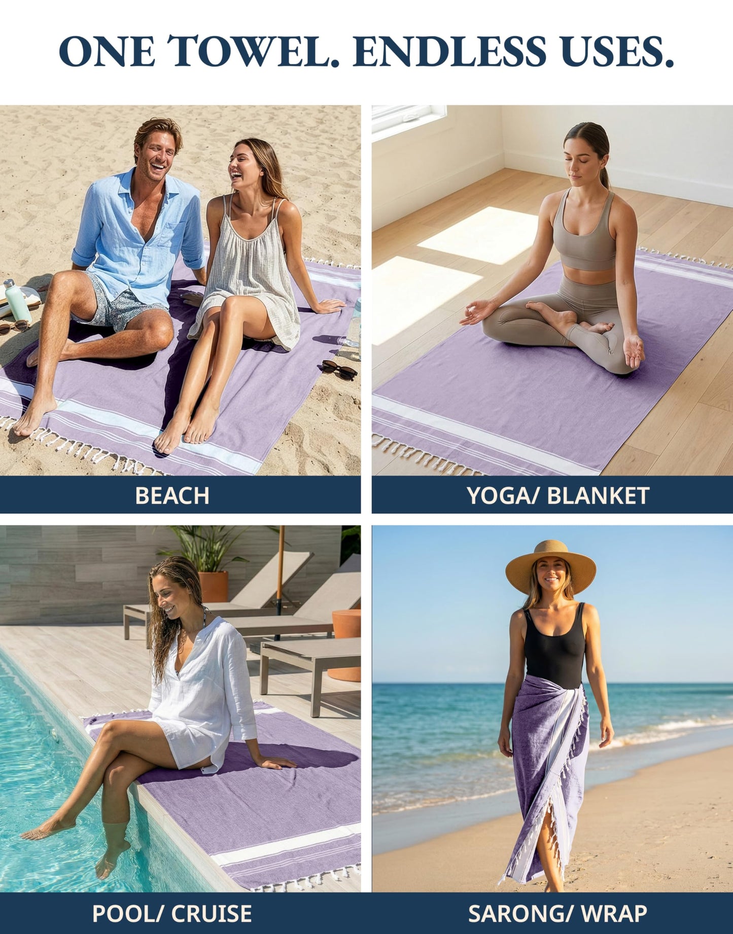 LANE LINEN Beach Towels 4 Pack Oversized - Turkish Towel Set, Pre-Washed Oversized Beach Towel, Quick Dry Beach Towels for Travel, Beach Towel Large, 39"x71" - Regal Orchid