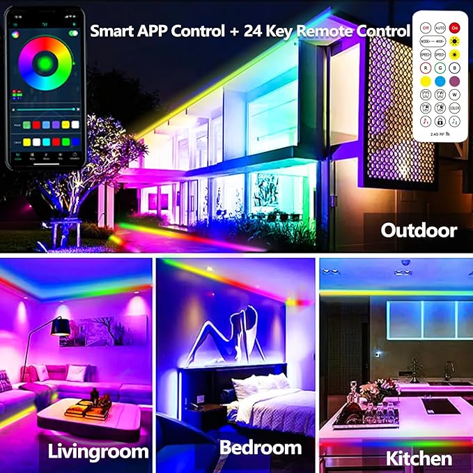 32.8FT Outdoor LED Strip Light Waterproof,IP68 Outside RGB+IC Light Strip with App/Remote Control,Chase Mode,Music Sync Rope Light for Balcony,Deck,Rooftop,Garden,Pool