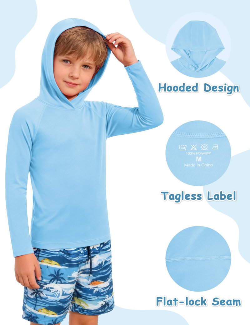 DRONIRING Boys Hooded Long Sleeve Rash Guard Swim Shirt, Youth Kids Girls Toddler UPF 50+ Fishing Shirt, UV Sun Protection Quick Dry Fishing Hiking Water Beach Hoodies